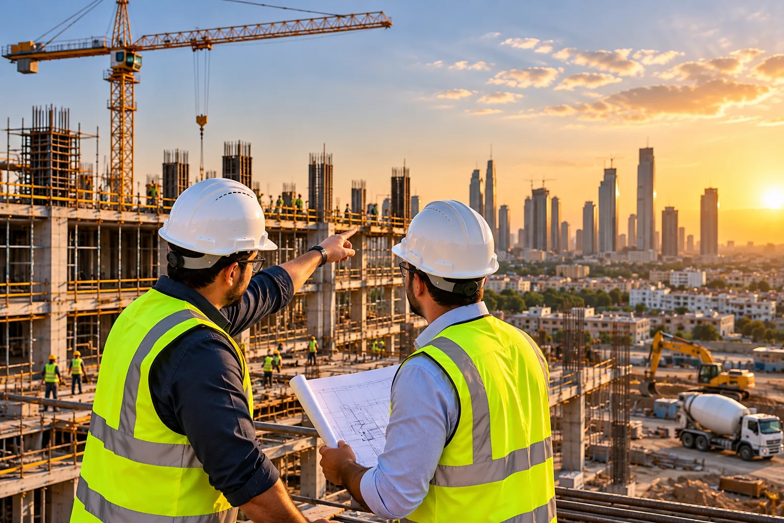 Two site engineers pointing across a construction site at sunset