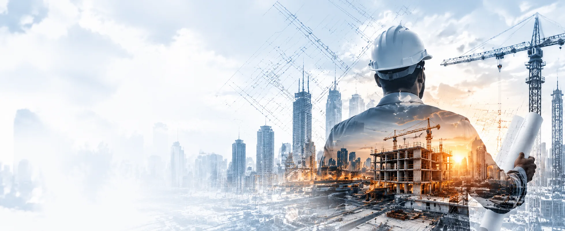 Engineer in a white hard hat holding rolled drawings, overlaid with a city skyline, tower cranes and a building under construction