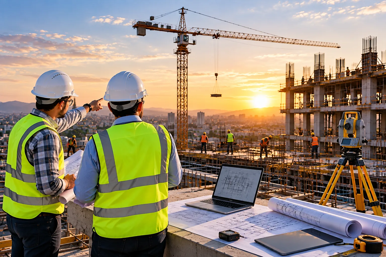 Engineers with a laptop, drawings and survey instrument on a construction site