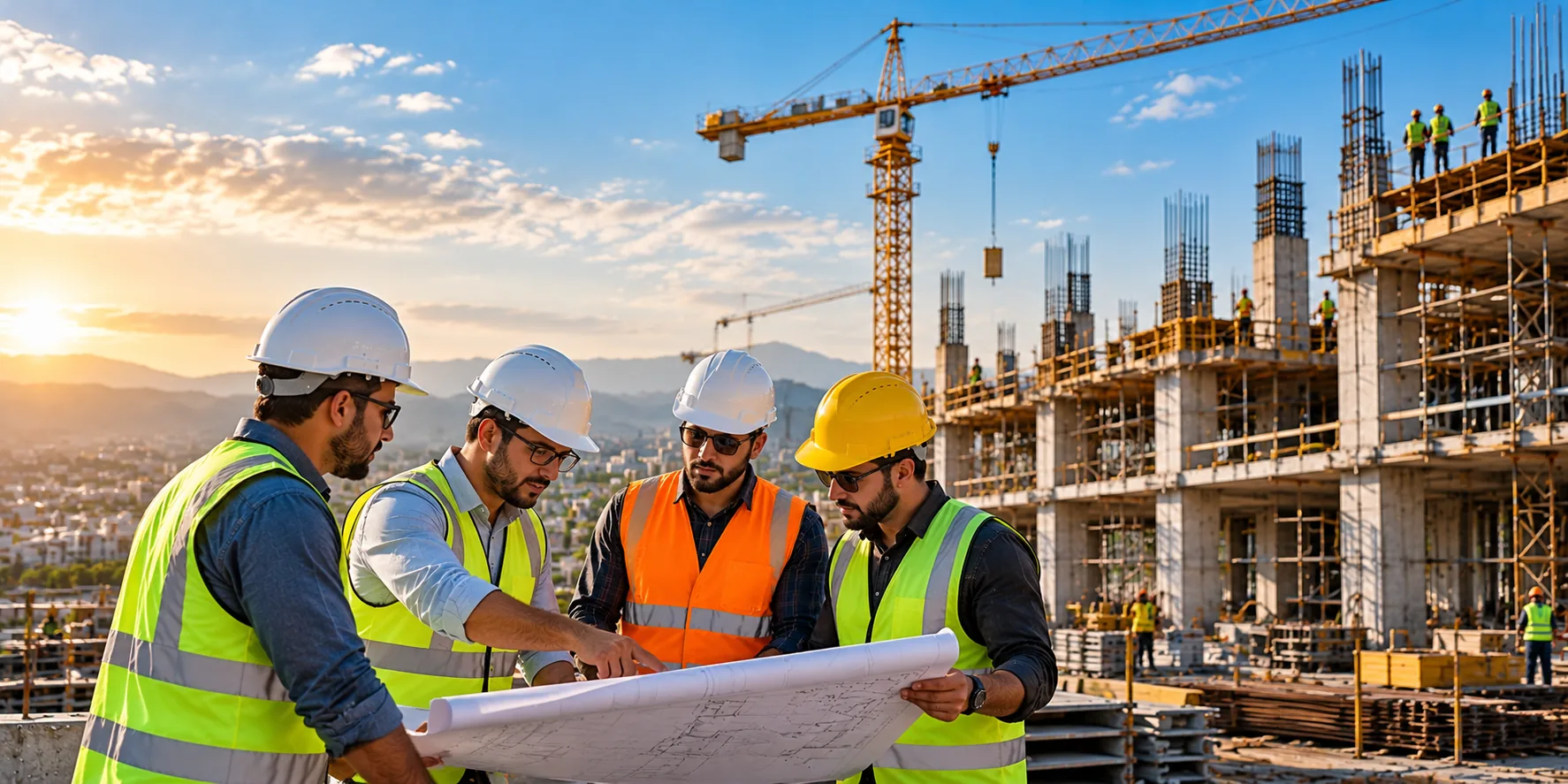 Four engineers reviewing drawings together on a building site