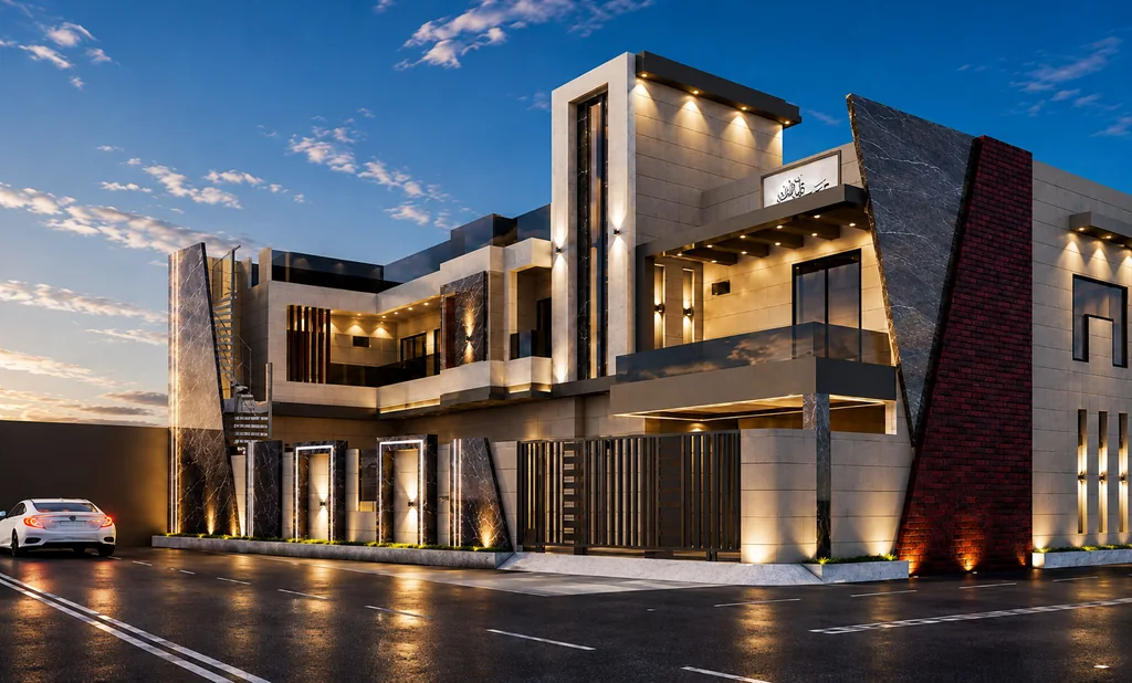 Architectural visualization of a contemporary two-storey residence with a stone and marble facade, lit at dusk