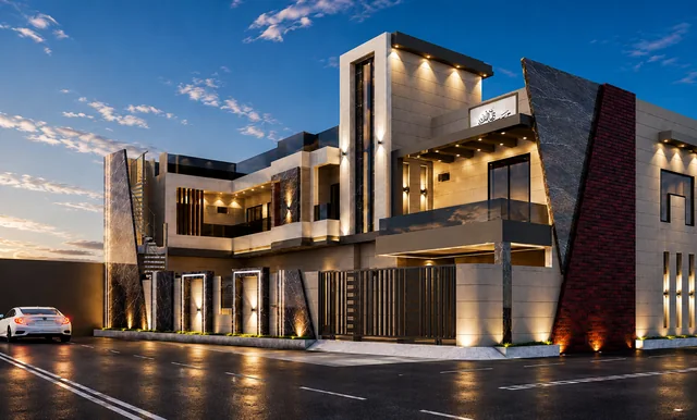 Architectural visualization of a contemporary two-storey residence with a stone and marble facade, lit at dusk