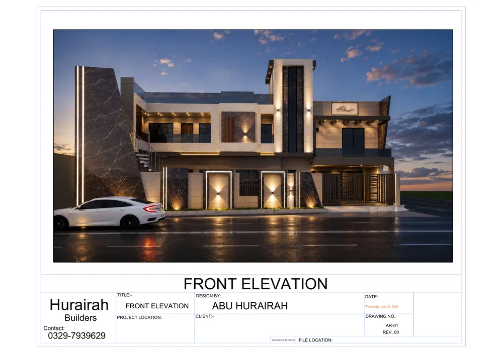 Front Elevation, View 1: architectural visualization of the Contemporary Residence, shown with its original drawing title block