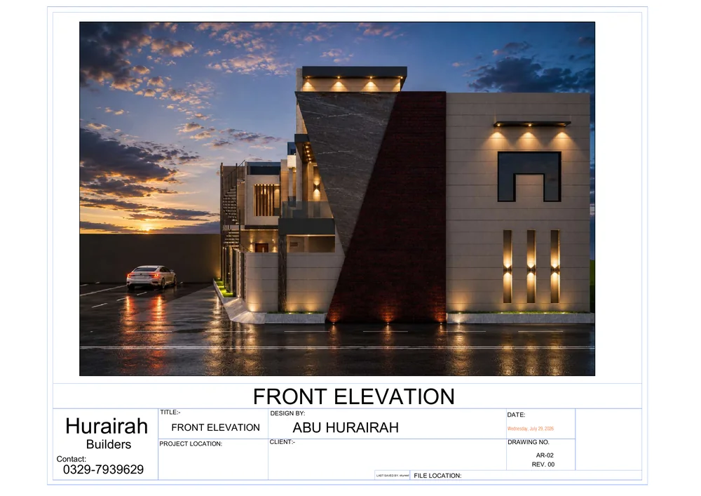 Front Elevation, View 2: architectural visualization of the Contemporary Residence, shown with its original drawing title block