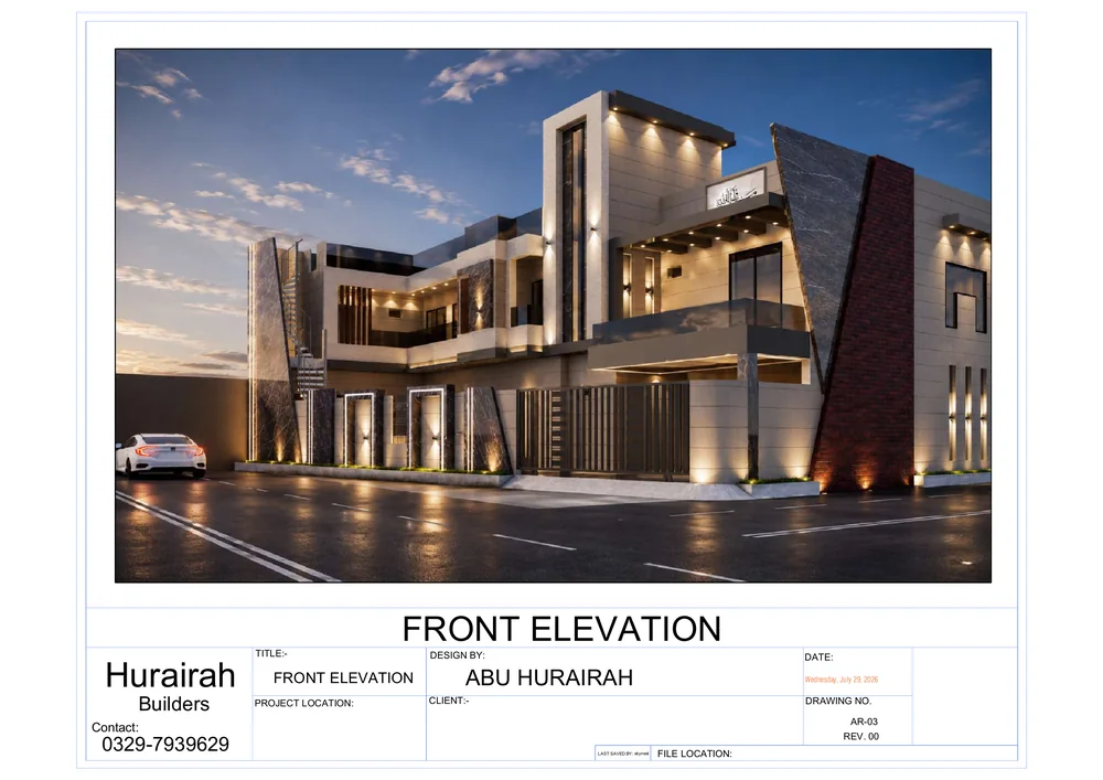 Front Elevation, View 3: architectural visualization of the Contemporary Residence, shown with its original drawing title block