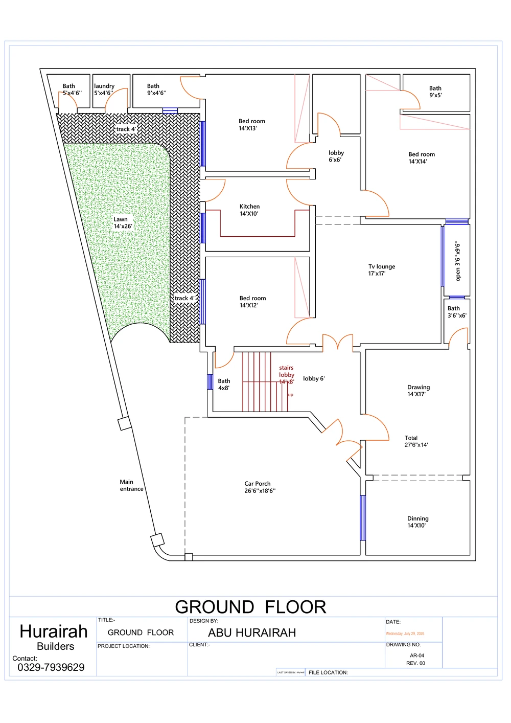 Ground Floor Plan drawing sheet for the Contemporary Residence project, shown with its original title block
