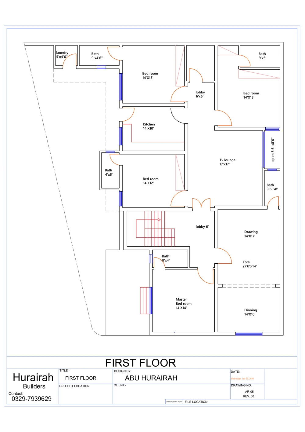 First Floor Plan drawing sheet for the Contemporary Residence project, shown with its original title block