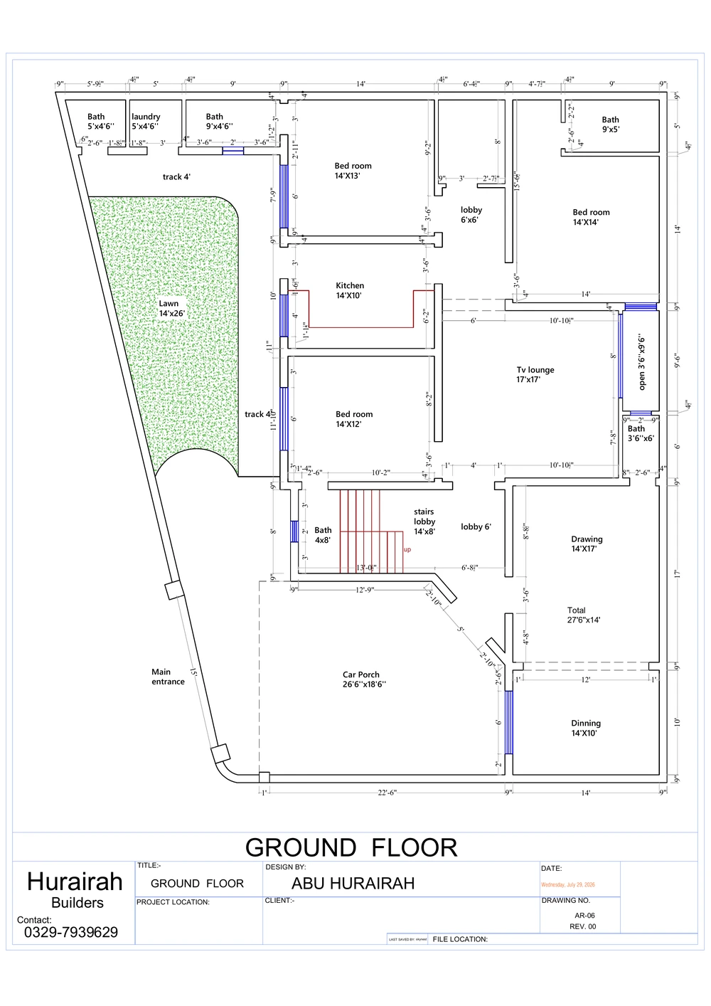 Ground Floor Plan with Dimensions drawing sheet for the Contemporary Residence project, shown with its original title block