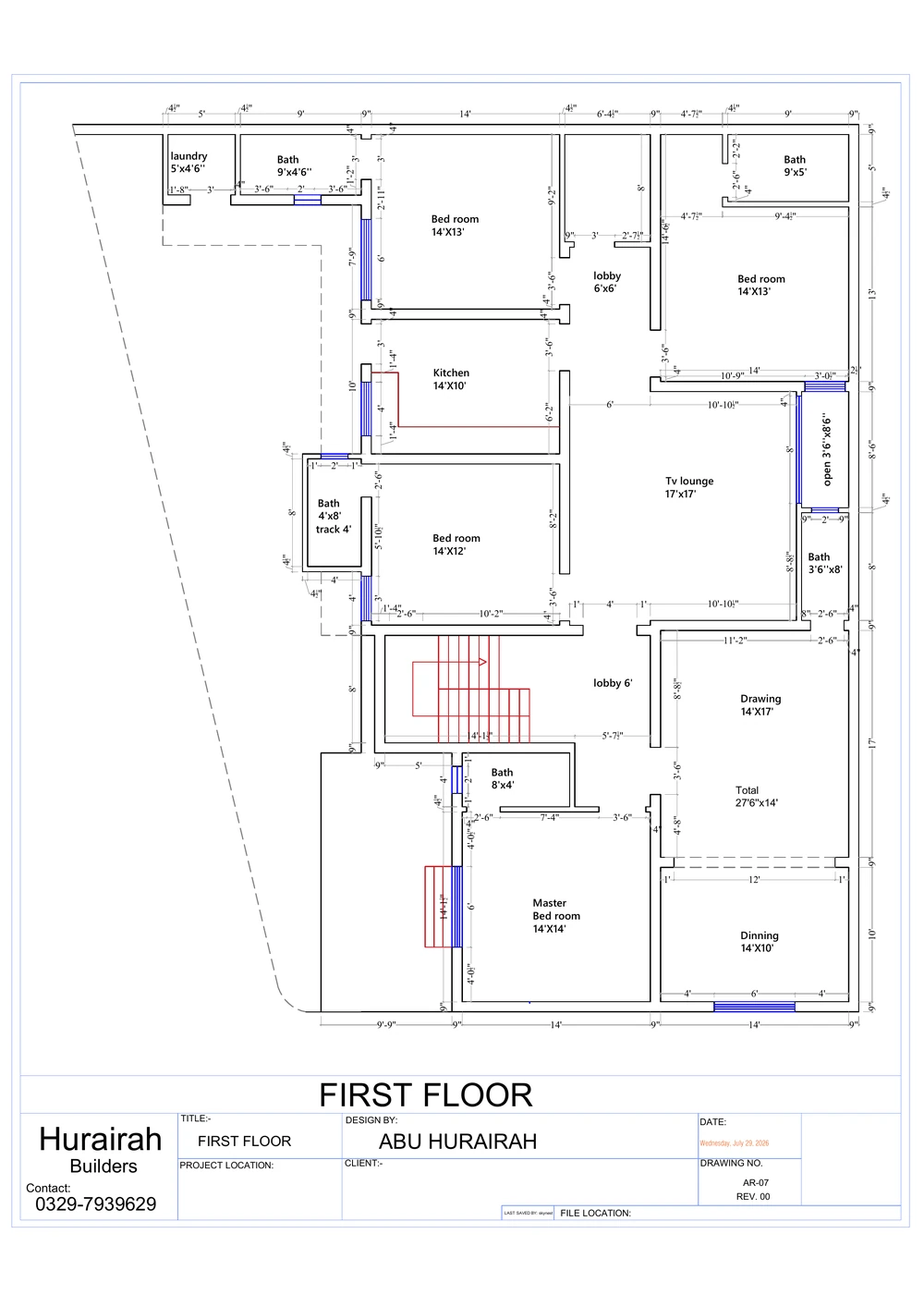 First Floor Plan with Dimensions drawing sheet for the Contemporary Residence project, shown with its original title block