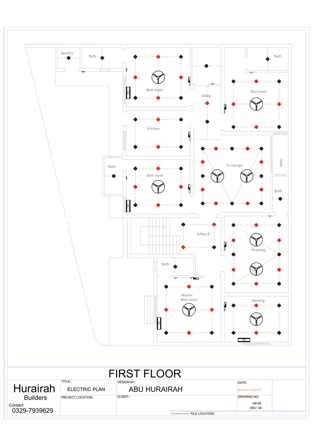 First Floor Electric Plan drawing sheet for the Contemporary Residence project, shown with its original title block