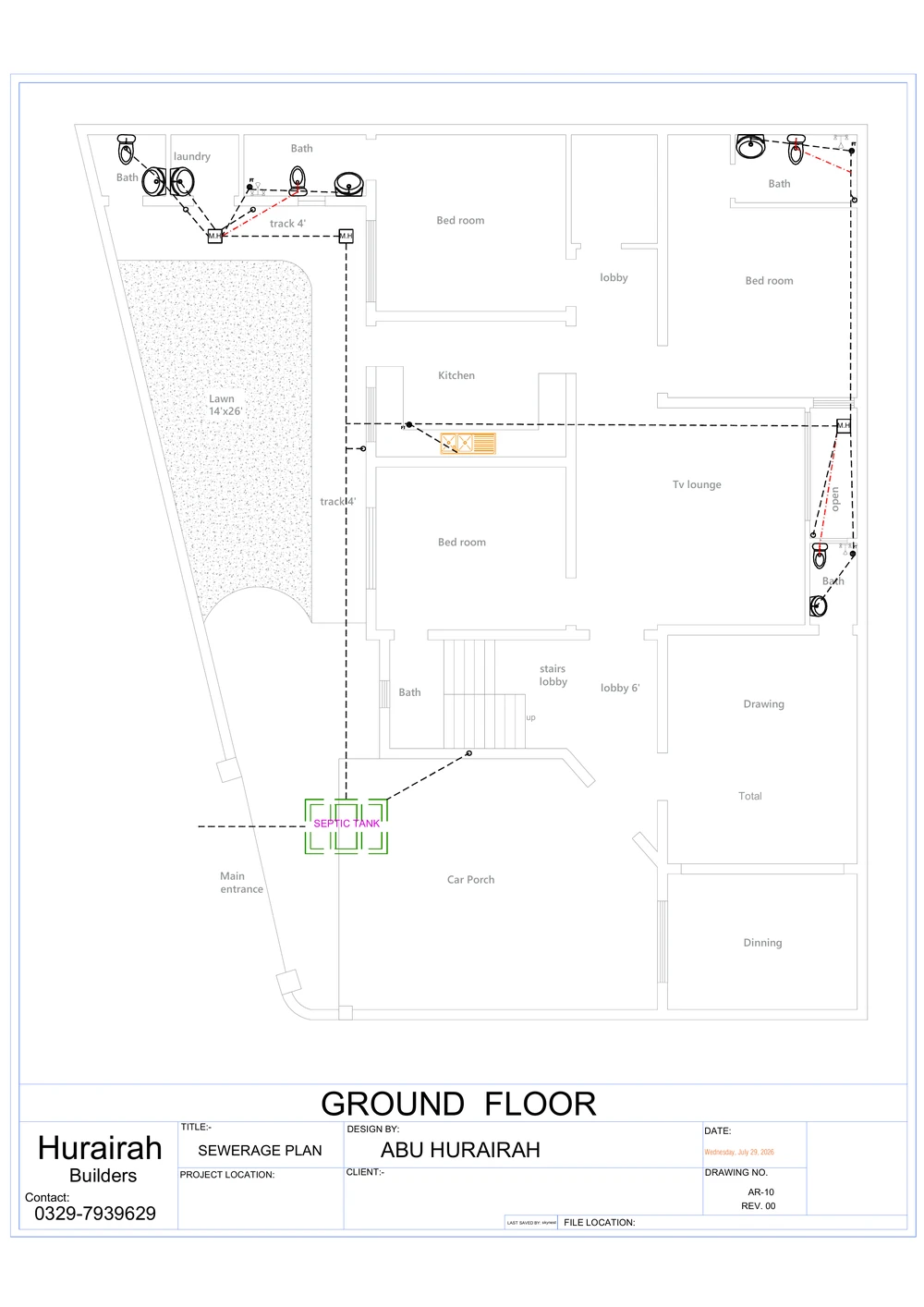 Ground Floor Sewerage Plan drawing sheet for the Contemporary Residence project, shown with its original title block