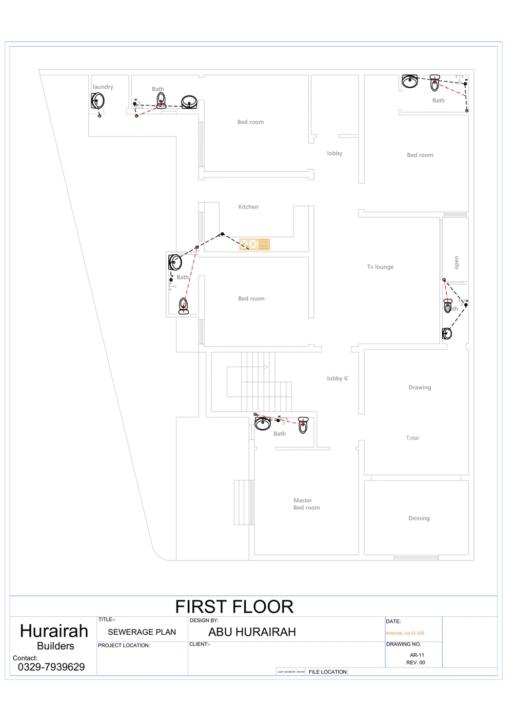 First Floor Sewerage Plan drawing sheet for the Contemporary Residence project, shown with its original title block