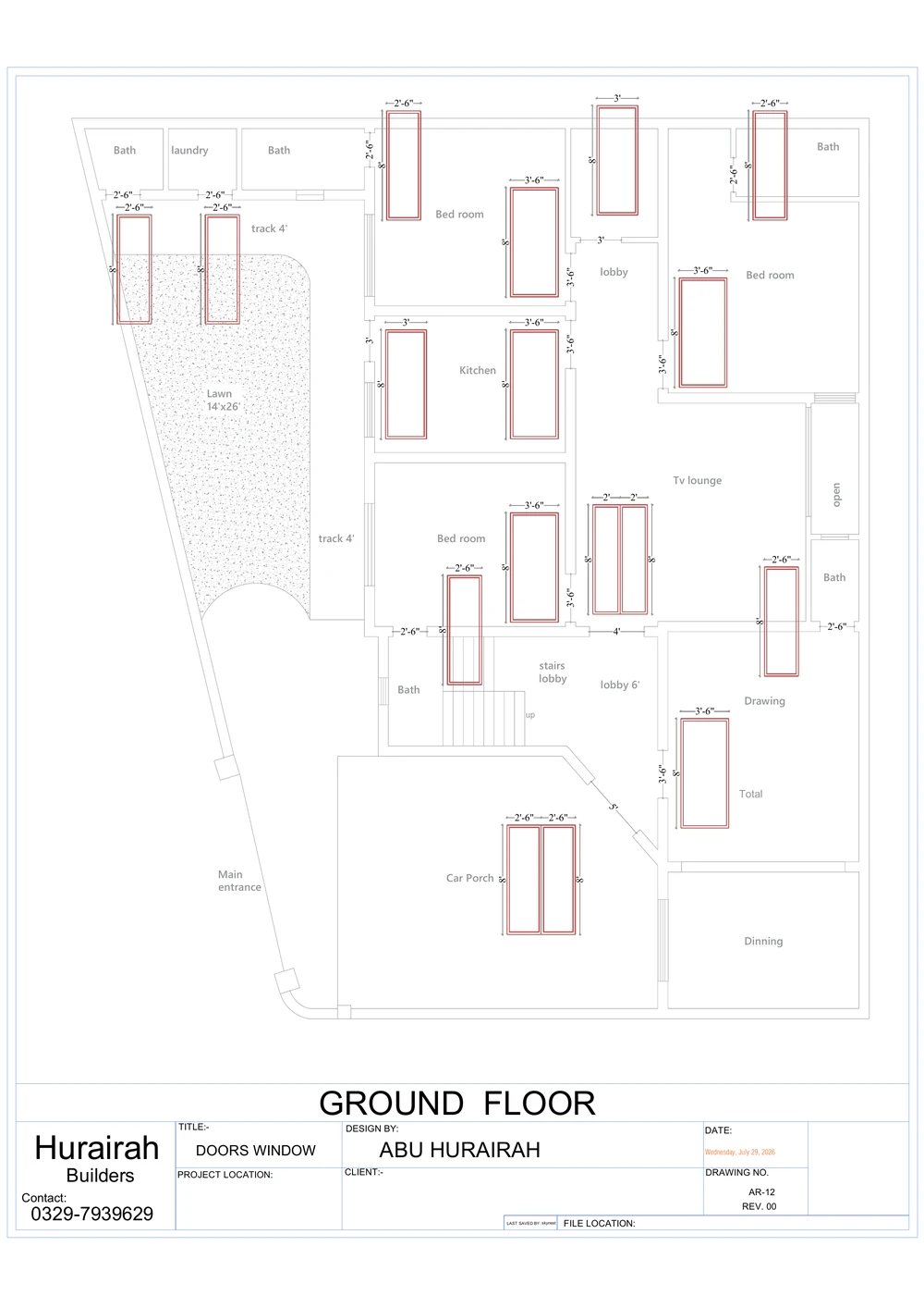 Ground Floor Doors & Windows drawing sheet for the Contemporary Residence project, shown with its original title block