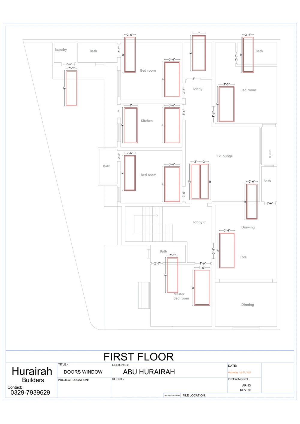 First Floor Doors & Windows drawing sheet for the Contemporary Residence project, shown with its original title block