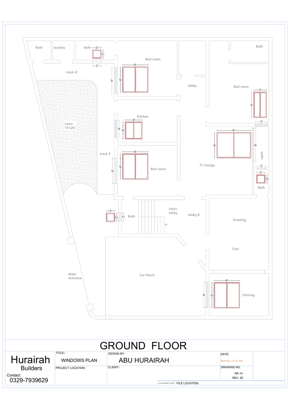 Ground Floor Windows Plan drawing sheet for the Contemporary Residence project, shown with its original title block