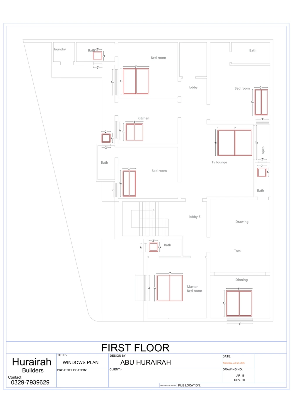 First Floor Windows Plan drawing sheet for the Contemporary Residence project, shown with its original title block