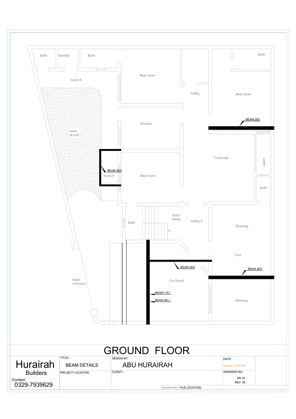 Beam Details drawing sheet for the Contemporary Residence project, shown with its original title block