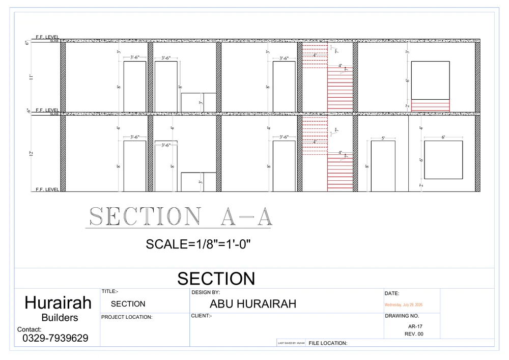 Section A-A drawing sheet for the Contemporary Residence project, shown with its original title block