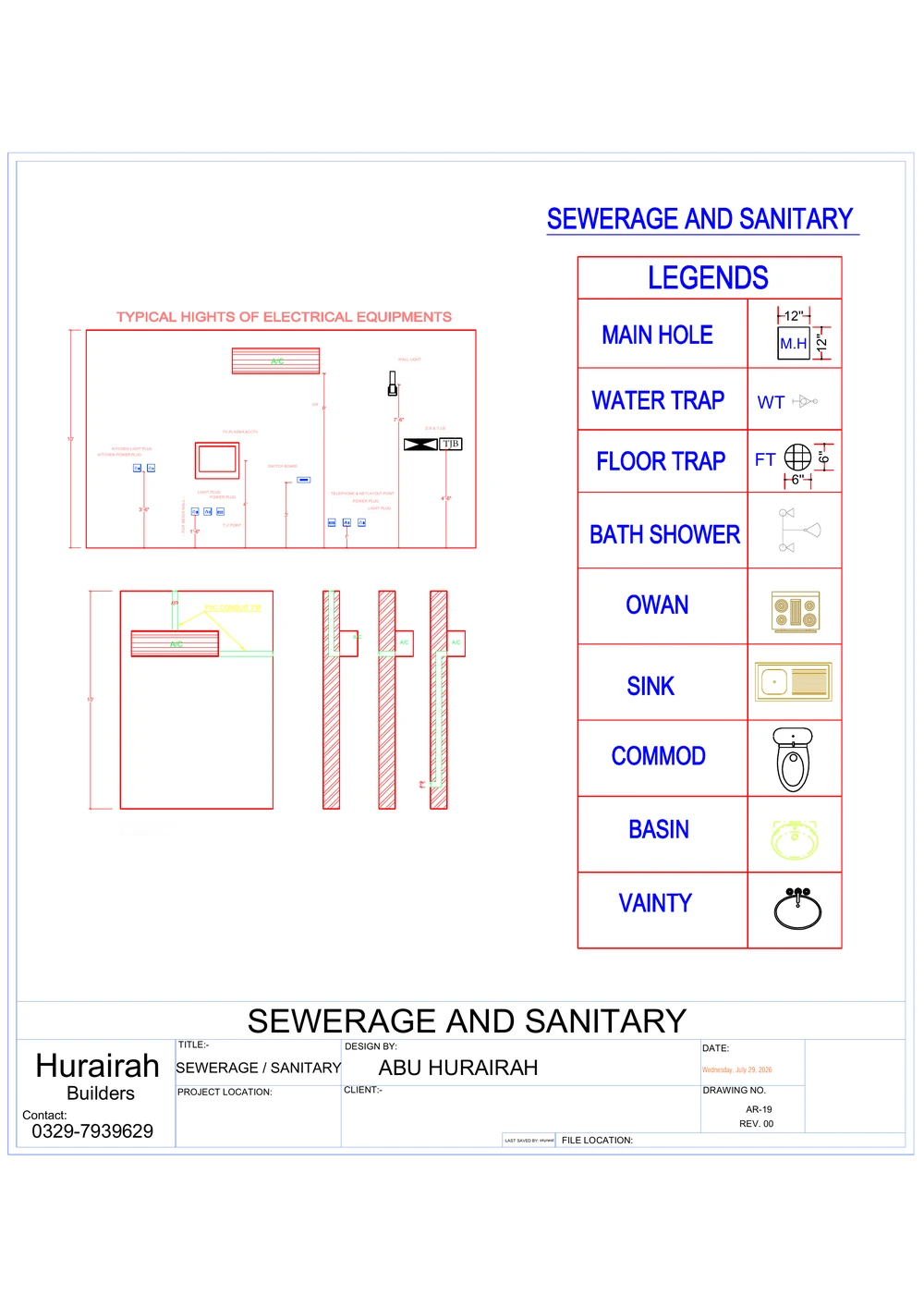 Sewerage and Sanitary Details drawing sheet for the Contemporary Residence project, shown with its original title block