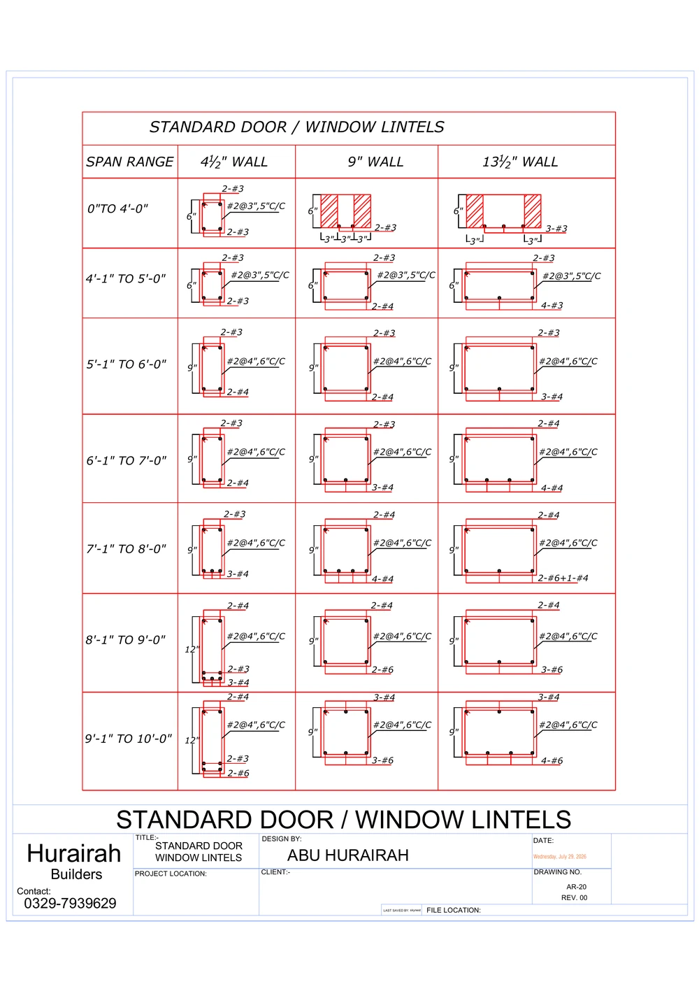 Standard Door / Window Lintels drawing sheet for the Contemporary Residence project, shown with its original title block