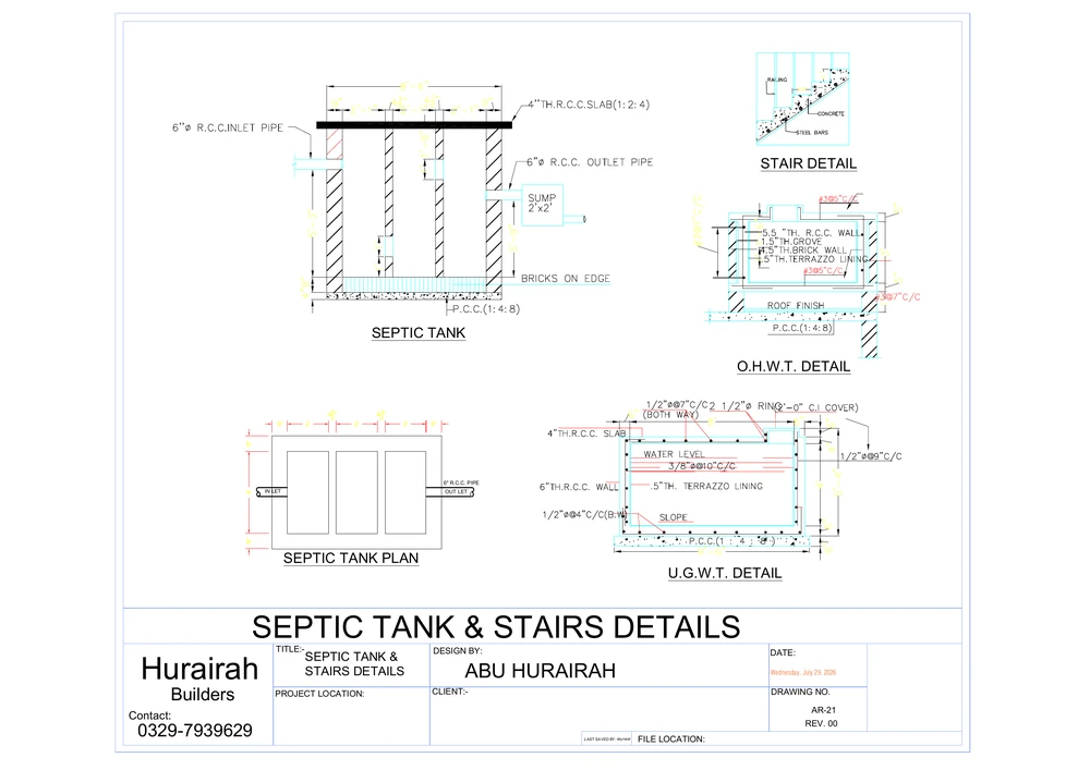 Septic Tank & Stairs Details drawing sheet for the Contemporary Residence project, shown with its original title block