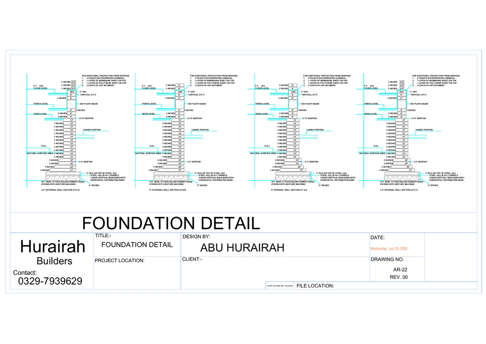 Foundation Detail drawing sheet for the Contemporary Residence project, shown with its original title block