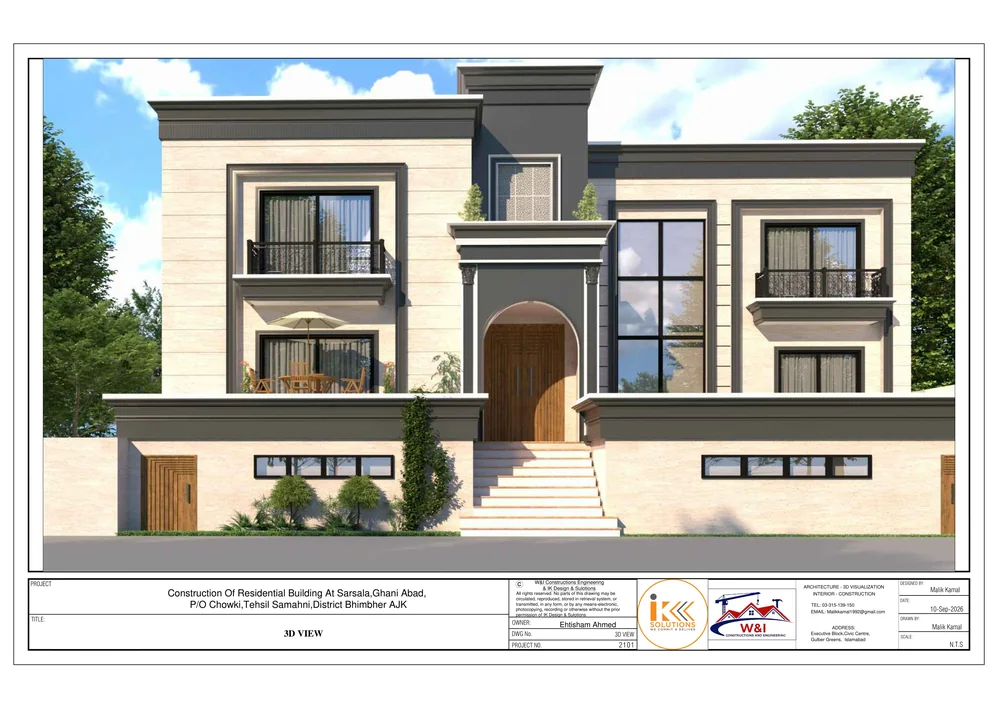 3D view drawing of the residential building front facade
