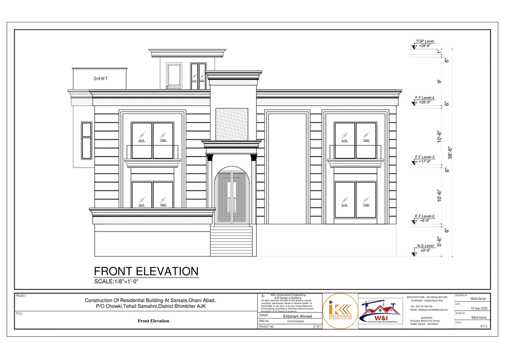 Front elevation drawing of the residential building with levels and dimensions