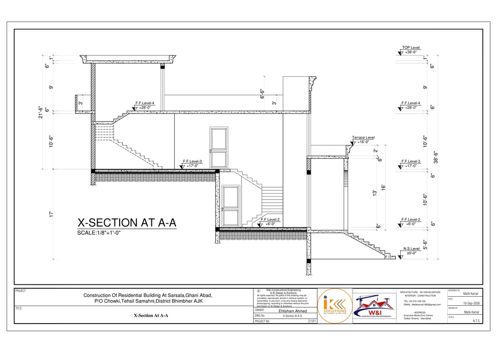 Cross-section drawing at A-A of the residential building with floor levels and dimensions