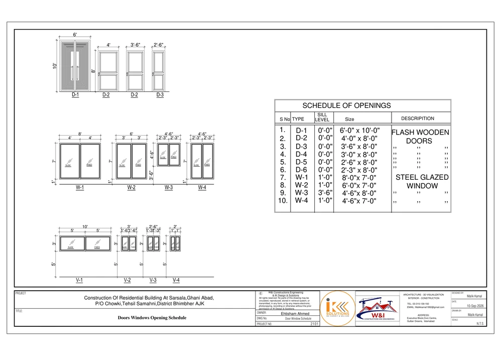 Door and window opening schedule drawing with sizes and types
