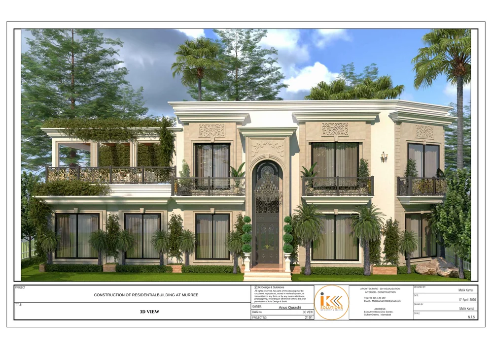 3D View: architectural visualization of the Residential Building, Murree, shown with its original drawing title block
