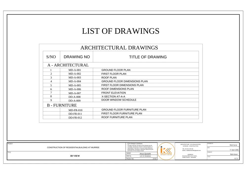 List of Drawings drawing sheet for the Residential Building, Murree project, shown with its original title block