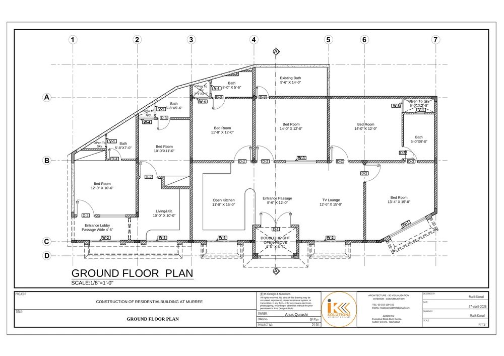 Ground Floor Plan drawing sheet for the Residential Building, Murree project, shown with its original title block