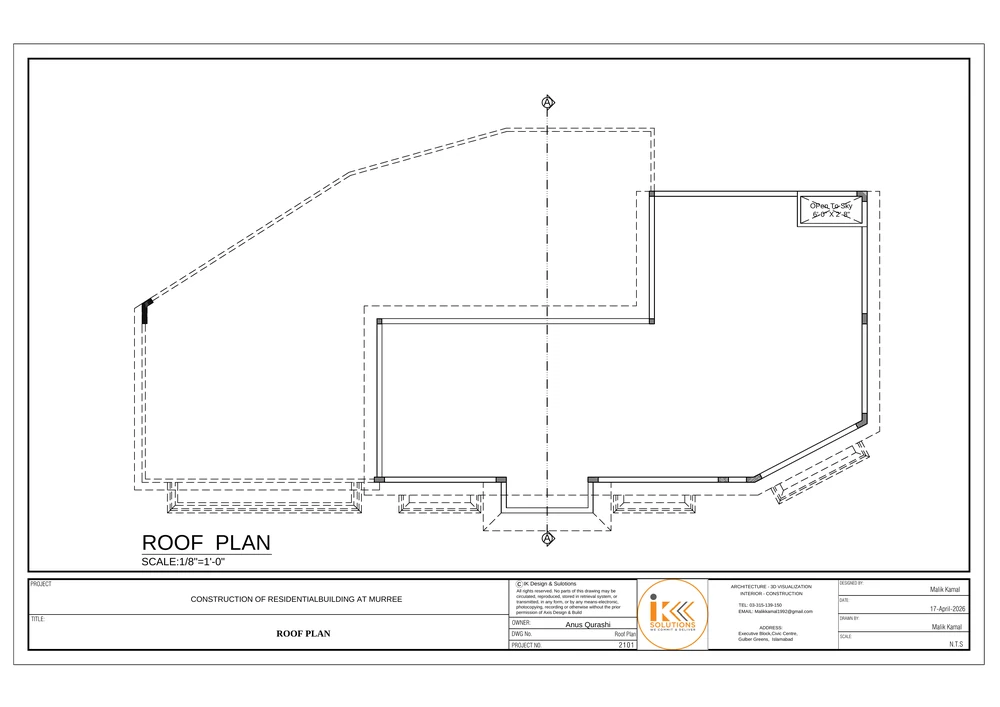 Roof Plan drawing sheet for the Residential Building, Murree project, shown with its original title block