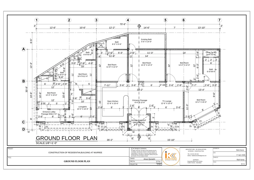 Ground Floor Dimensions Plan drawing sheet for the Residential Building, Murree project, shown with its original title block