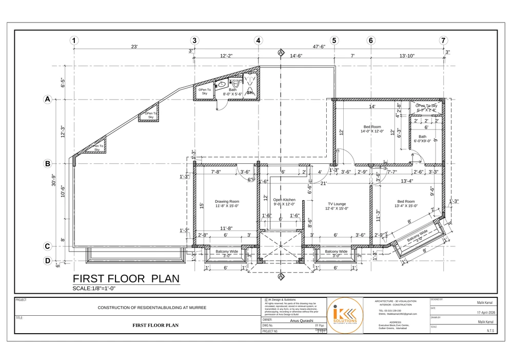 First Floor Dimensions Plan drawing sheet for the Residential Building, Murree project, shown with its original title block