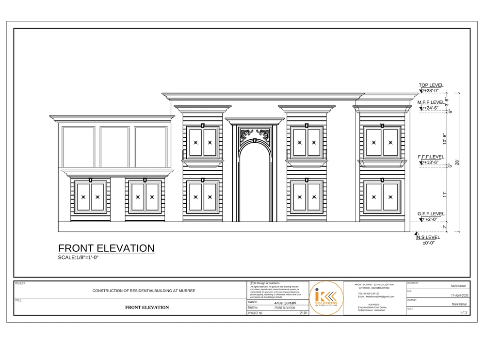 Front Elevation drawing sheet for the Residential Building, Murree project, shown with its original title block