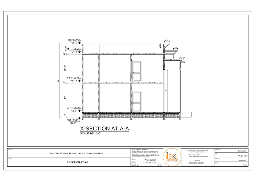X-Section at A-A drawing sheet for the Residential Building, Murree project, shown with its original title block