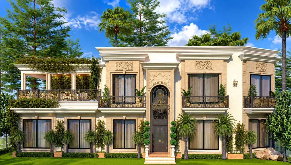 Architectural visualization of the Residential Building at Murree, a classical two-storey facade with balconies and a landscaped garden
