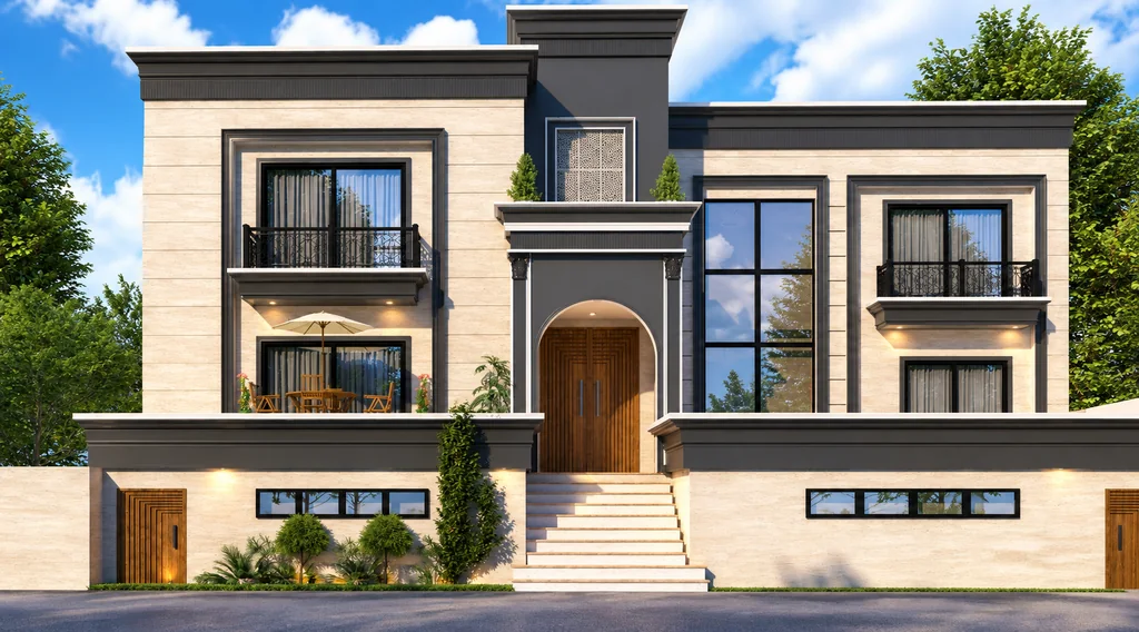 Architectural visualization of the Residential Building front facade, Tehsil Samahni, District Bhimbher, AJK