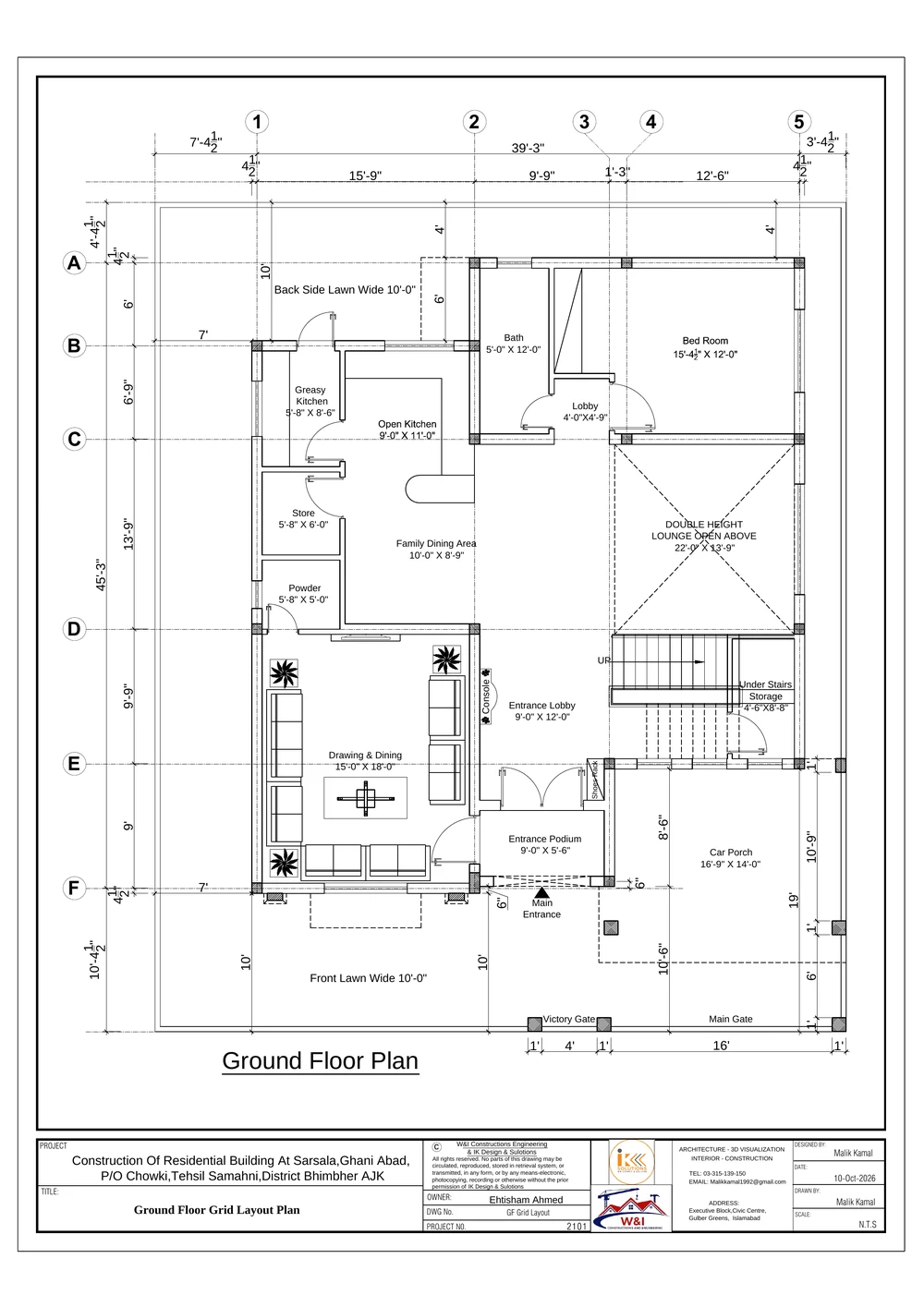 Ground Floor Grid Layout Plan drawing sheet for the Sarsala Residential Building, shown with its original IK Design & Solutions title block