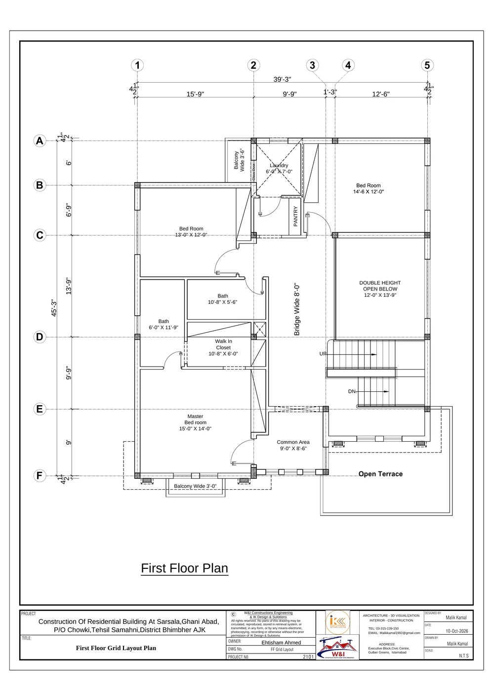 First Floor Grid Layout Plan drawing sheet for the Sarsala Residential Building, shown with its original IK Design & Solutions title block