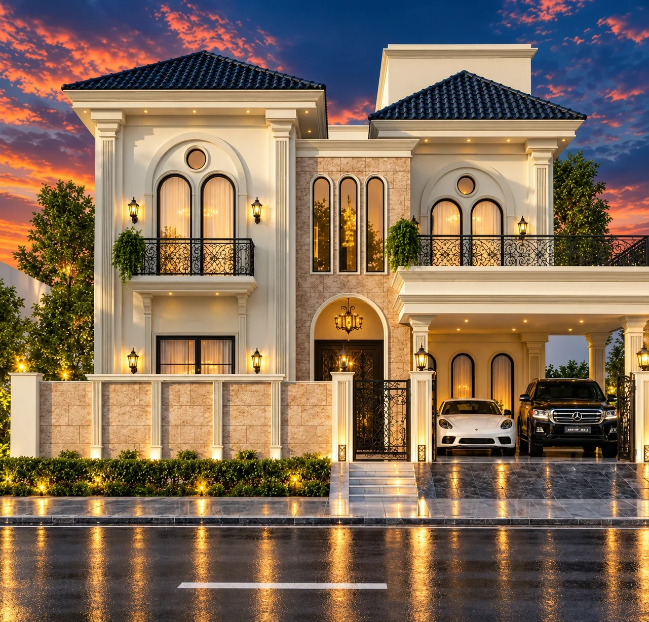 3D architectural visualization of the Sarsala Residential Building, a two-storey classical facade with arched windows, balconies and a car porch, at dusk