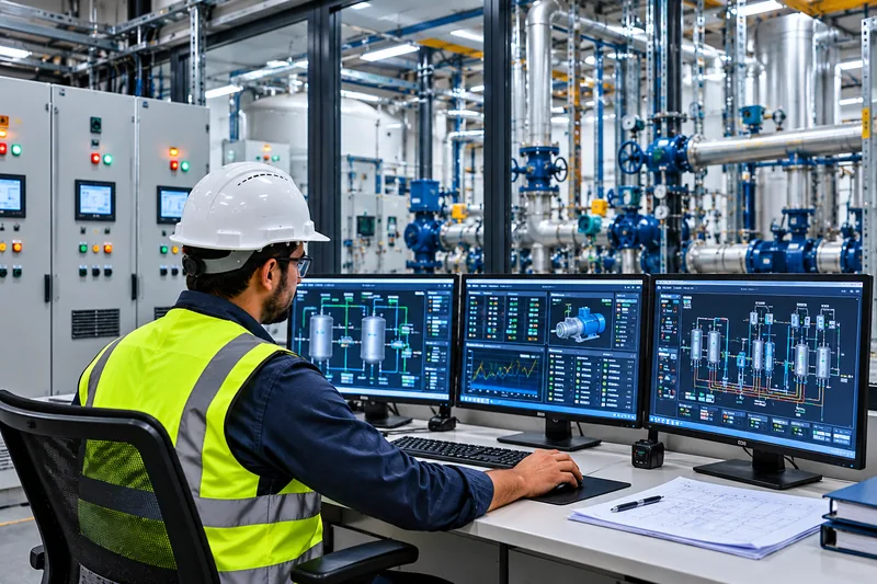 Engineer monitoring process control screens in an industrial automation control room