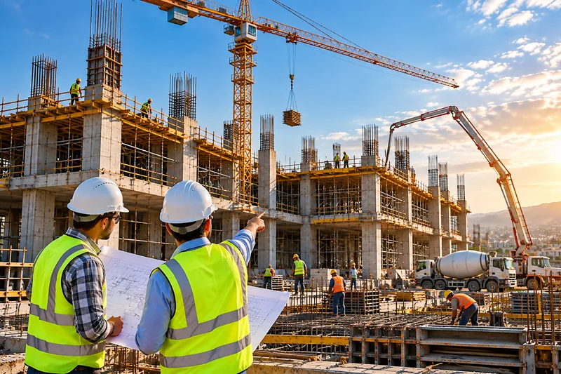 Site engineers reviewing drawings beside a reinforced concrete building frame with a tower crane and concrete pump