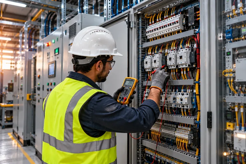 Electrical engineer testing a distribution panel with a multimeter