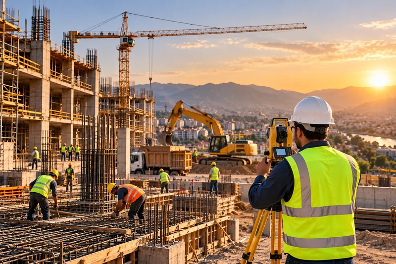 Surveyor and workers in hard hats and high-visibility vests on an active construction site