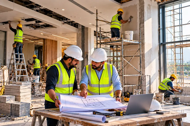 Engineers reviewing renovation drawings while workers plaster walls, repair ceilings and lay tiles inside a building under refurbishment