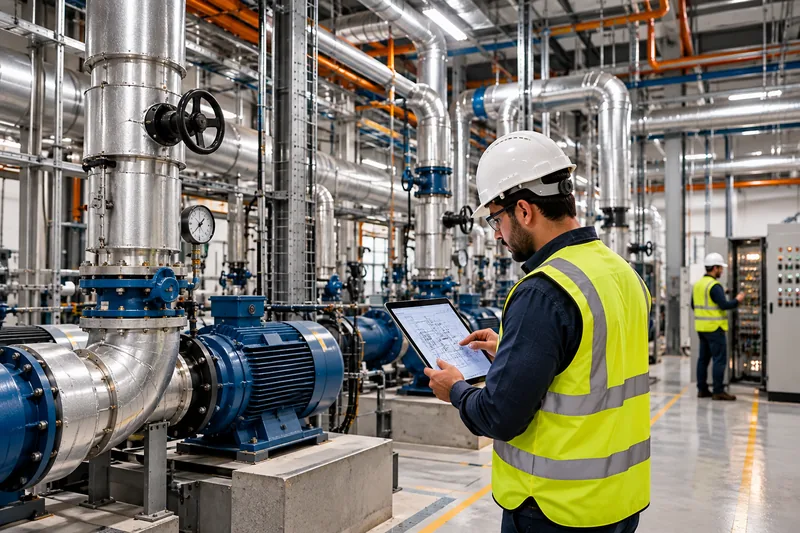 Mechanical engineer checking pumps and insulated piping in an industrial plant room