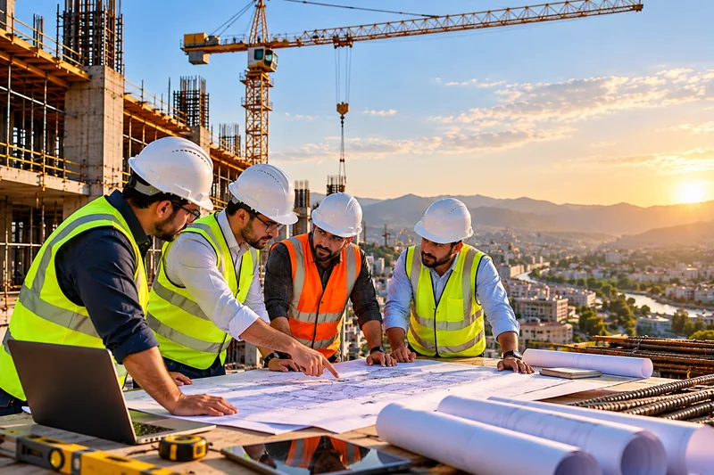 Project team of engineers reviewing construction drawings on site at sunset